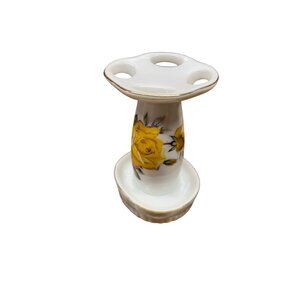 Vintage Japan Porcelain Toothbrush Holder With Yellow Rose Floral Design & Gold